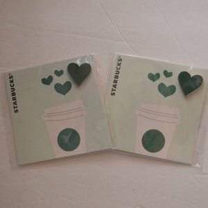 Lot of (2) Starbucks Green Heart Pins & Thank You Cards